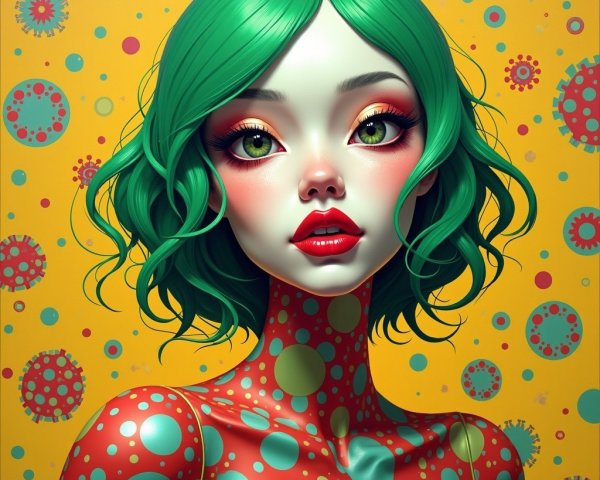 Stylized Female Figure with Colorful Motifs and Background