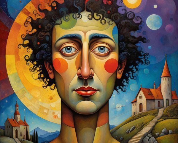 Stylized Figure in Surreal Vibrant Landscape Art