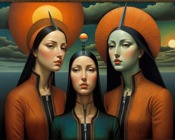 Three Women in Modern Jackets Against Sunset Sky