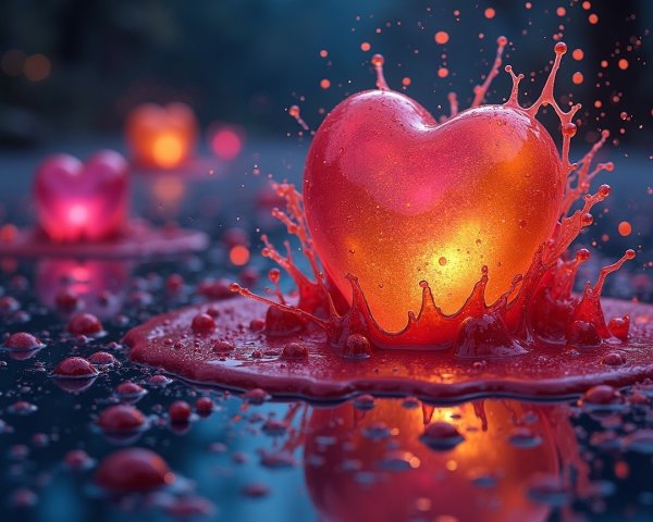 Glowing Heart Object in Vibrant Red Liquid Scene