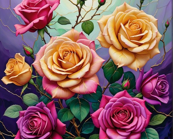 Vibrant Composition of Multicolored Roses and Leaves