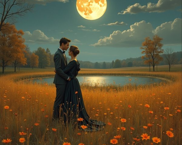 Romantic Scene Under Full Moon by Tranquil Lake
