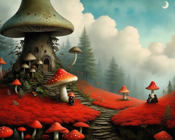 Whimsical Landscape with Mushroom House and Figures