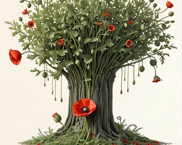 Surreal Tree with Green Stems and Red Poppy Flowers