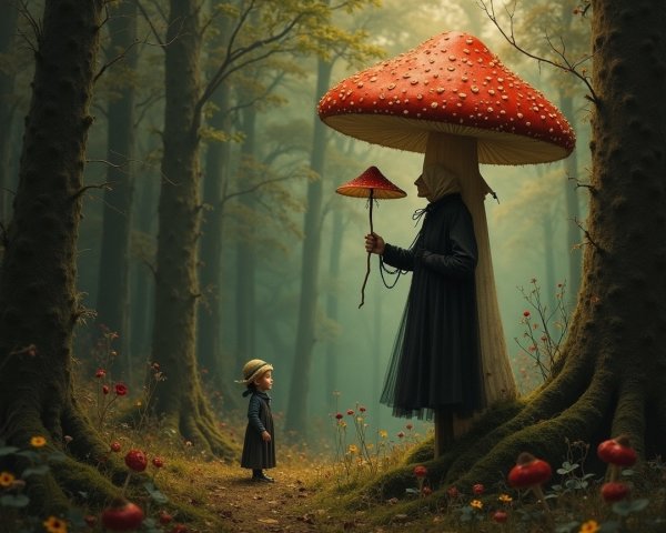Large Red Mushroom in Enchanted Forest with Child