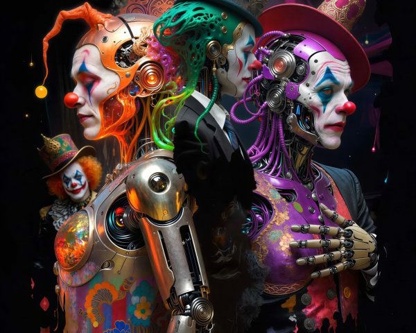 Three Unique Clown Robot Figures in Detailed Illustration