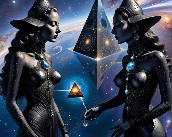 Elegant figures in black garments against a cosmic backdrop