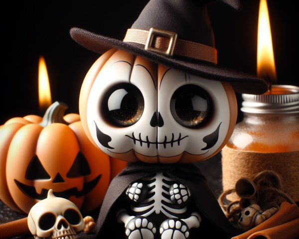 Whimsical Halloween Scene with Doll and Pumpkins