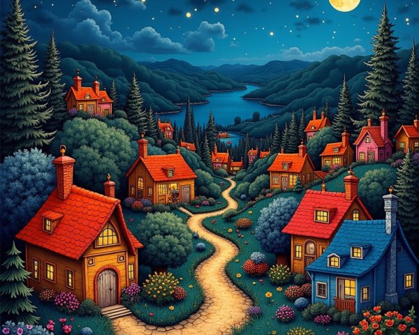 Serene Nighttime Scene with Colorful Houses and Lake