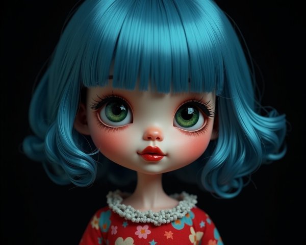 Charming Doll with Turquoise Hair and Floral Blouse