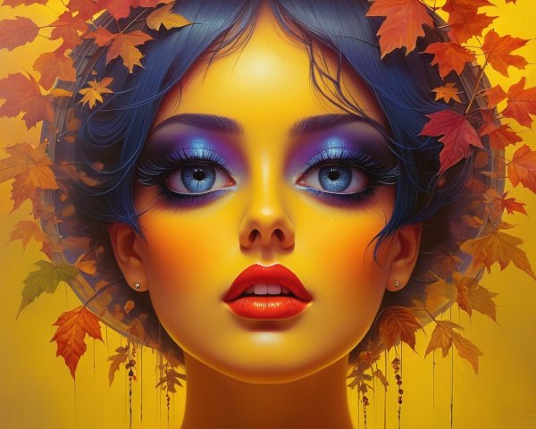 Portrait of a Woman with Blue Hair and Autumn Leaves