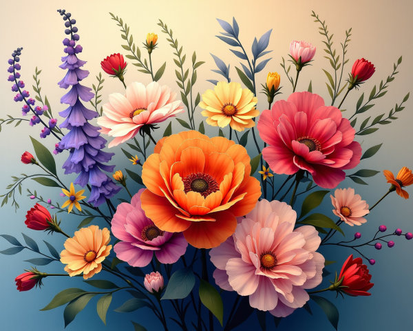Vibrant Floral Arrangement with Diverse Blossoms and Greenery
