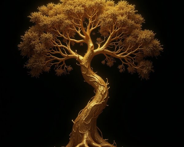 Golden Tree with Twisted Trunk and Luminous Foliage