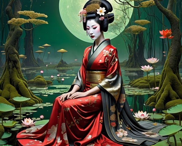 Woman in Kimono by Tranquil Pond with Lotus Flowers