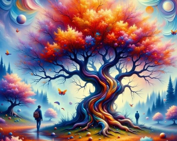 Surreal Landscape with Colorful Tree and Figures