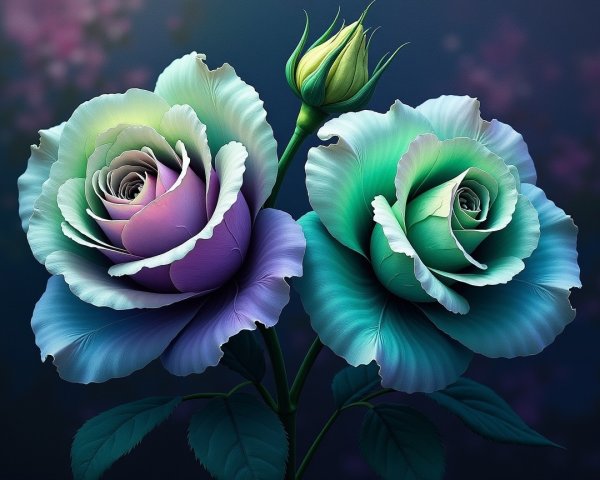 Two Intricate Roses in Purple and Green Hues