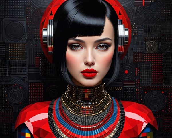 Futuristic Woman in Geometric Outfit and Headphones