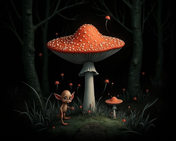 Orange Mushroom in Enchanted Forest with Curious Creature