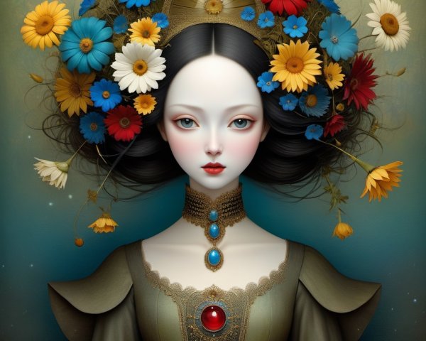 Whimsical Woman with Floral Crown and Regal Outfit