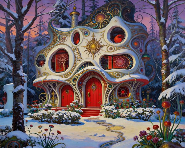 Surreal Snow-Covered House in Twilight Forest Setting