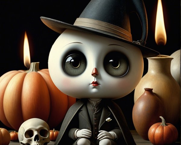 Whimsical Witch Doll Surrounded by Halloween Decor