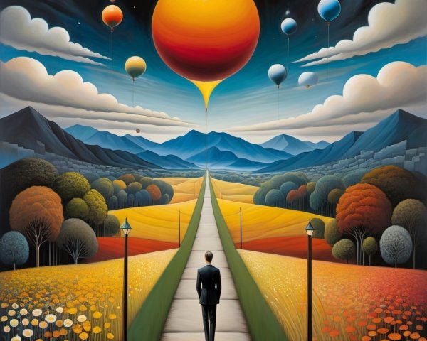 Lone Figure in Suit Among Vibrant Flower Fields