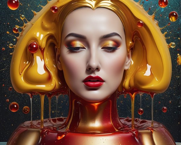 Surreal Female Figure with Melting Golden Hair