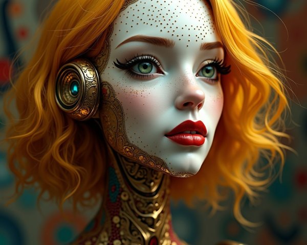 Stylized Portrait of a Female Figure with Orange Curls