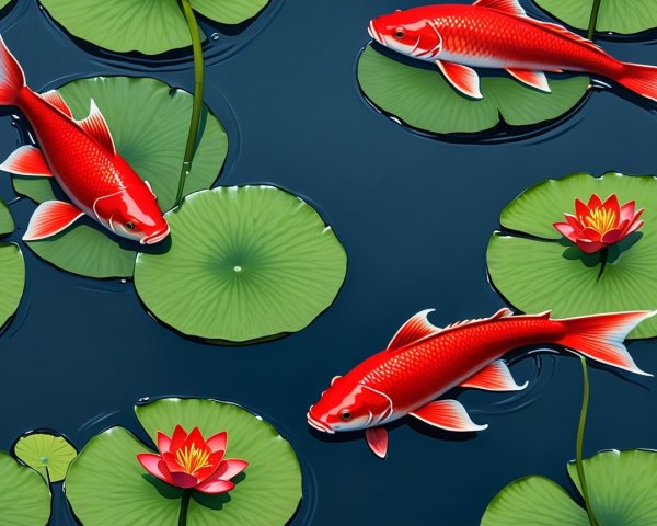 Vibrant Koi Fish Among Lily Pads and Water Lilies