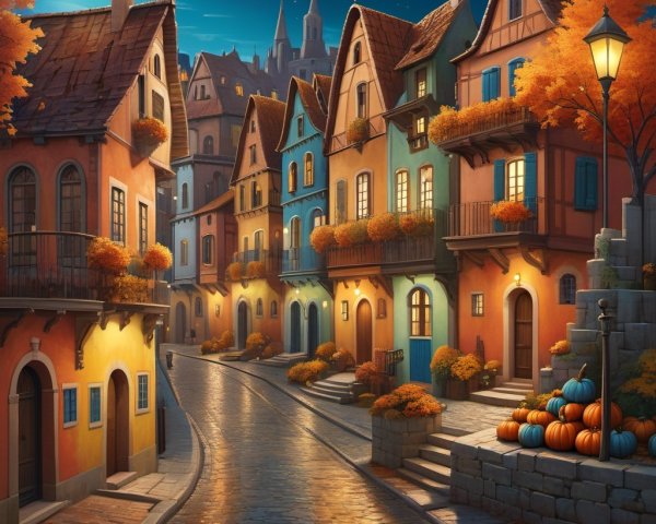 Charming Night Street Scene with Colorful Houses