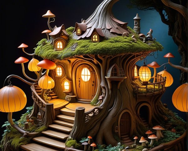 Whimsical Treehouse Among Twisting Branches and Lanterns