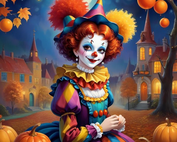Cheerful clown in autumn scenery with pumpkins and leaves