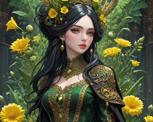 Woman in Green Gown Surrounded by Yellow Flowers