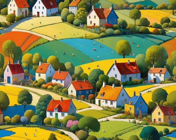 Vibrant Rural Landscape with Rolling Hills and Houses