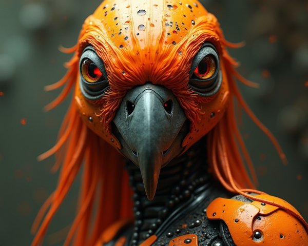 Futuristic Bird Creature with Orange Feathers and Red Eyes