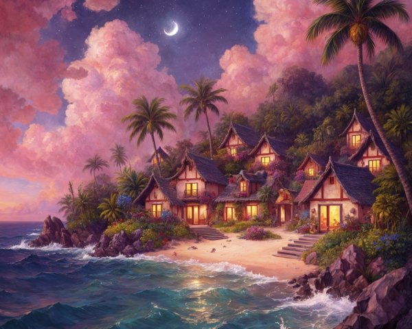 Tranquil Tropical Dusk with Seaside Cottages and Moonlight