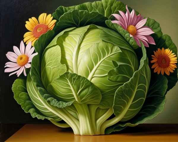 Vibrant Still Life of Cabbage and Colorful Flowers