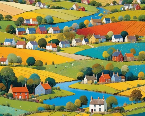 Vibrant Rural Landscape with Rolling Hills and Cottages