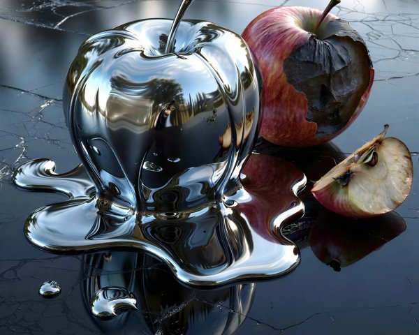 Photorealistic Still Life of Melting Chrome Apple