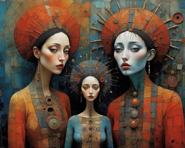 Three Stylized Figures with Elaborate Headdresses and Jewelry