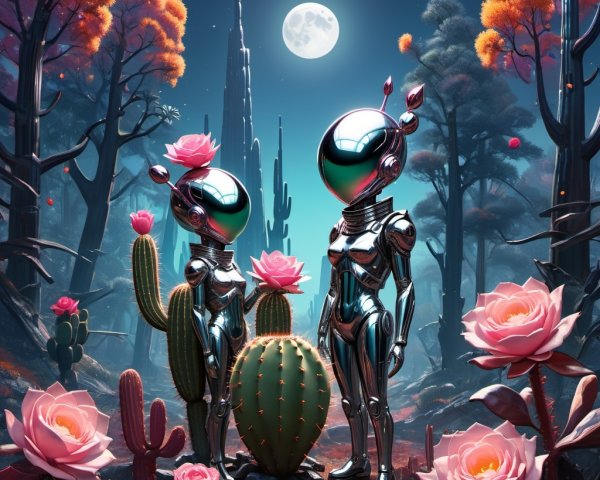 Surreal Alien Landscape with Chrome Figures and Cactus