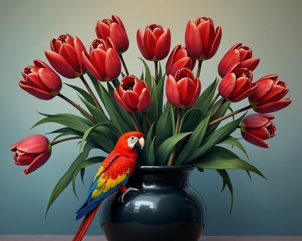 Red Tulips and Colorful Parrot in Black Vase