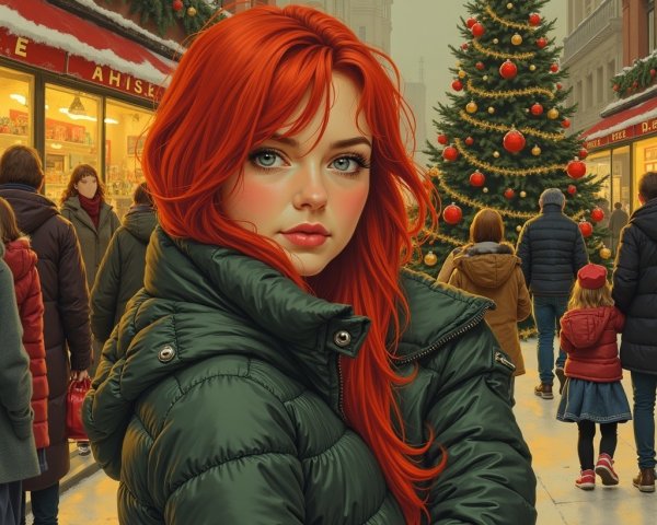 Young Woman by Christmas Tree in Holiday Market