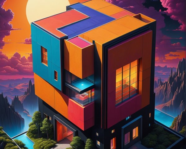 Modern Cube-Shaped House with Sunset and Mountains