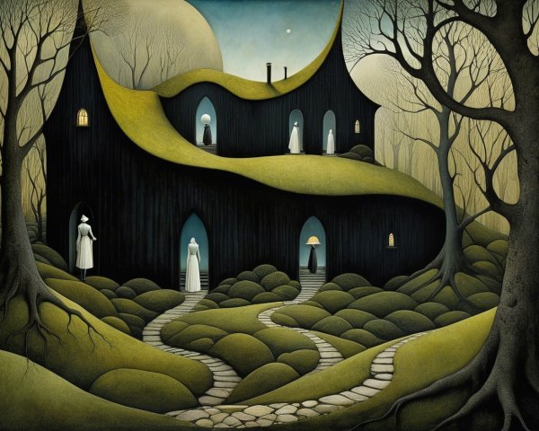 Surreal Landscape with Black House and Mysterious Figures