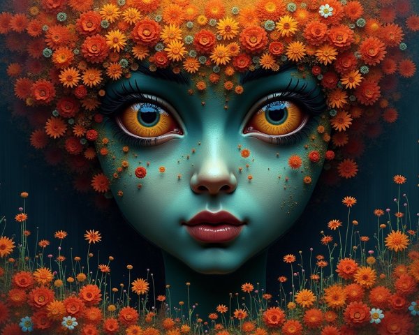 Portrait of a girl with turquoise face and floral crown