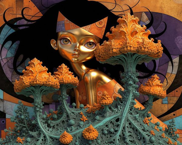 Digital Painting of a Golden-Skinned Woman in Fantasy Landscape