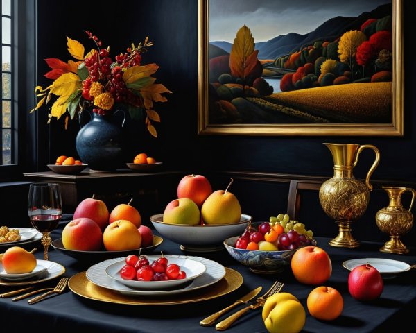 Luxurious Dining Table with Colorful Fruits and Decor