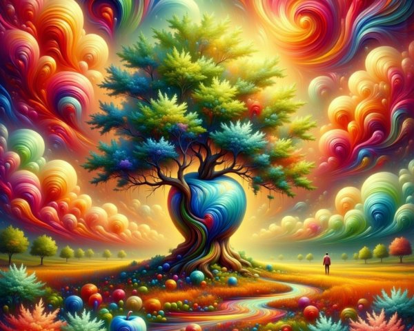 Surreal Landscape with Vibrant Tree and Colorful Orbs