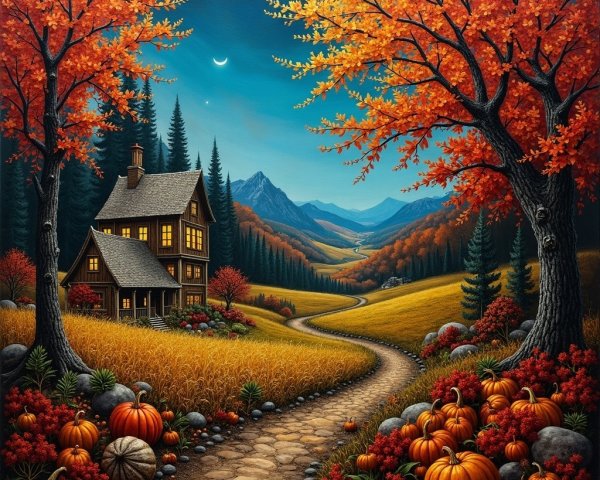 Rustic House Surrounded by Autumn Foliage and Hills